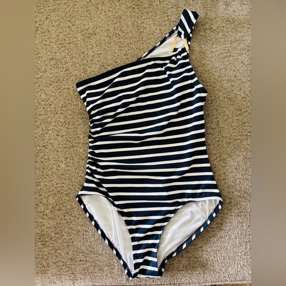 Michael Kors White and Navy Blue One Piece Swimsuit with Gold Brand Hardware - Picture 3 of 8